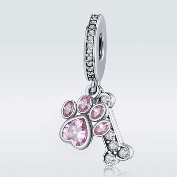 Puppy Paw Pink Crystal and silver bone sterling silver charm fits all Pa… - Picture 3 of 3